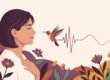 Herzrasen in den Wechseljahren: Illustration einer ruhigen Frau mit Hand auf der Brust, ein Kolibri schwirrt vor ihr