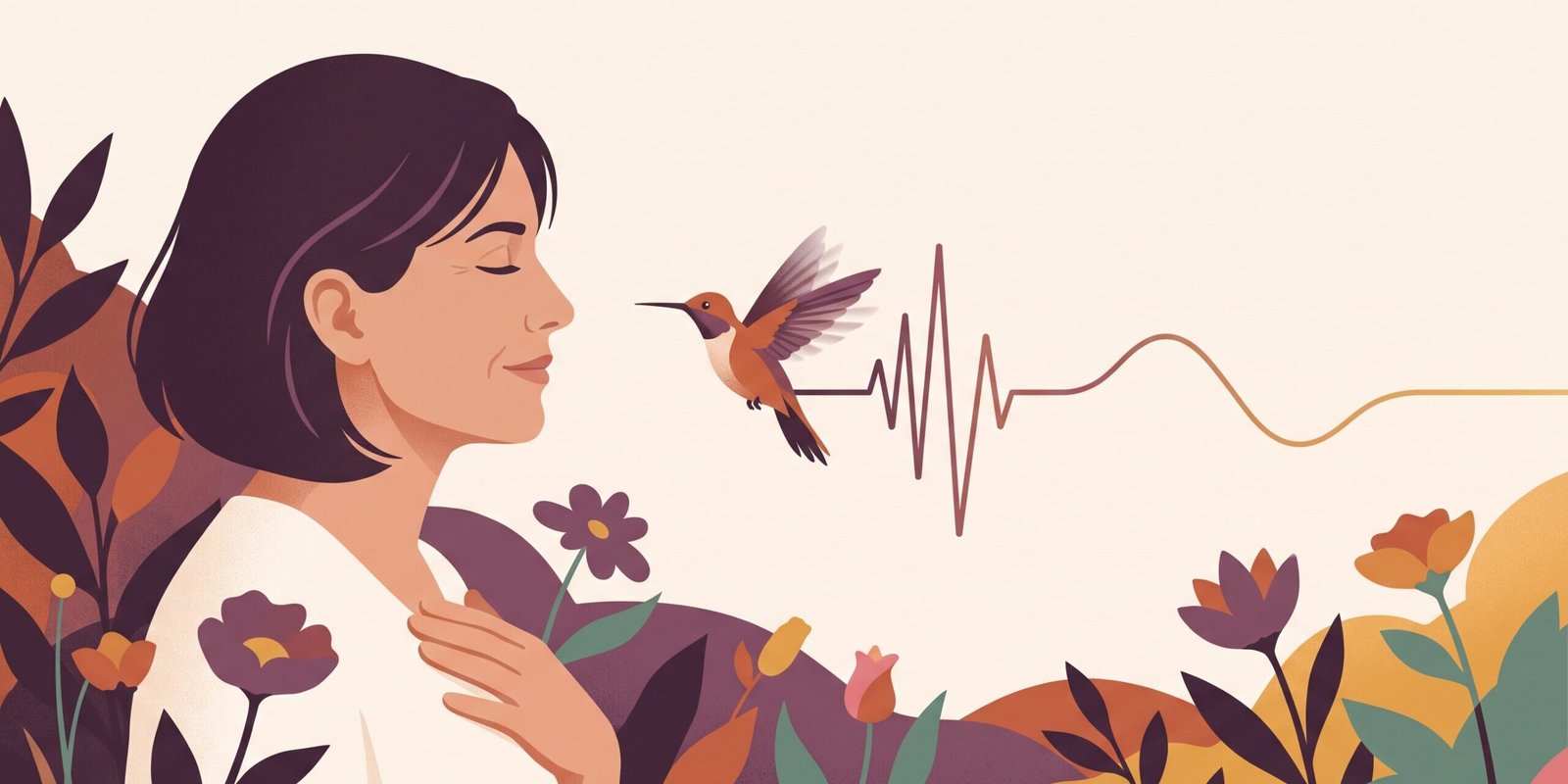 herzrasen-wechseljahre-harmlos-oder-warnzeichen.png Herzrasen in den Wechseljahren: Illustration einer ruhigen Frau mit Hand auf der Brust, ein Kolibri schwirrt vor ihr