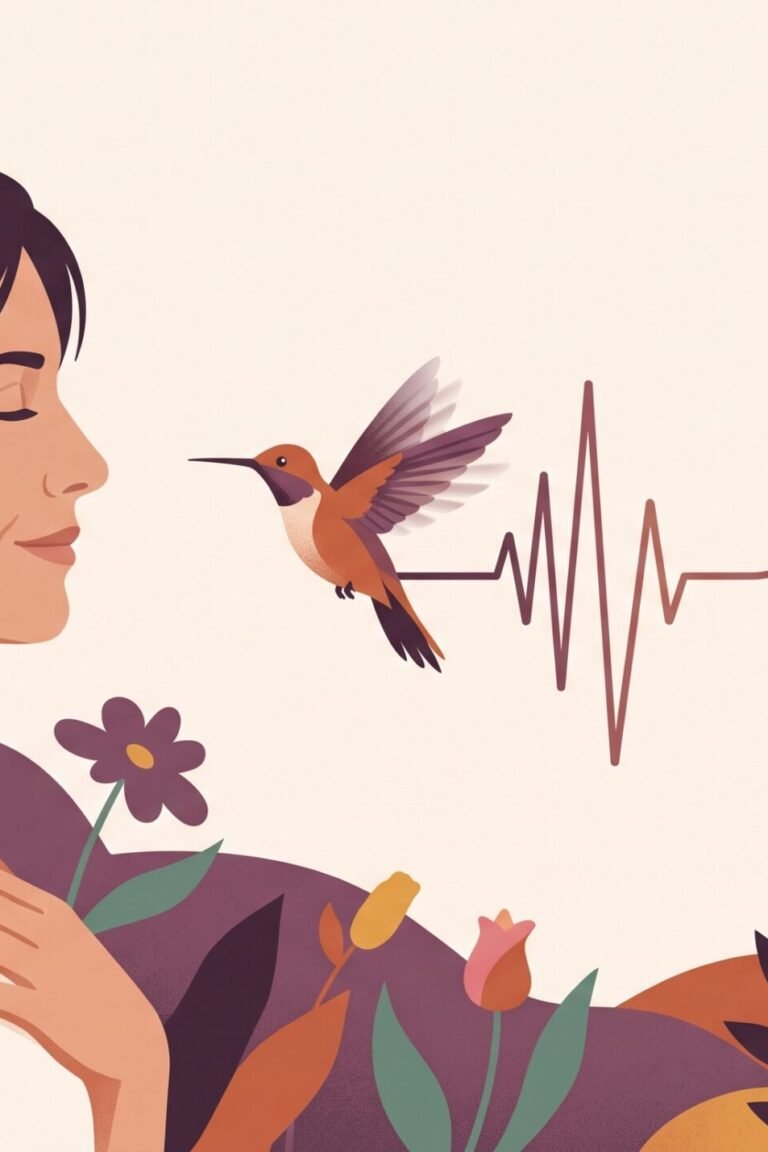 Herzrasen in den Wechseljahren: Illustration einer ruhigen Frau mit Hand auf der Brust, ein Kolibri schwirrt vor ihr