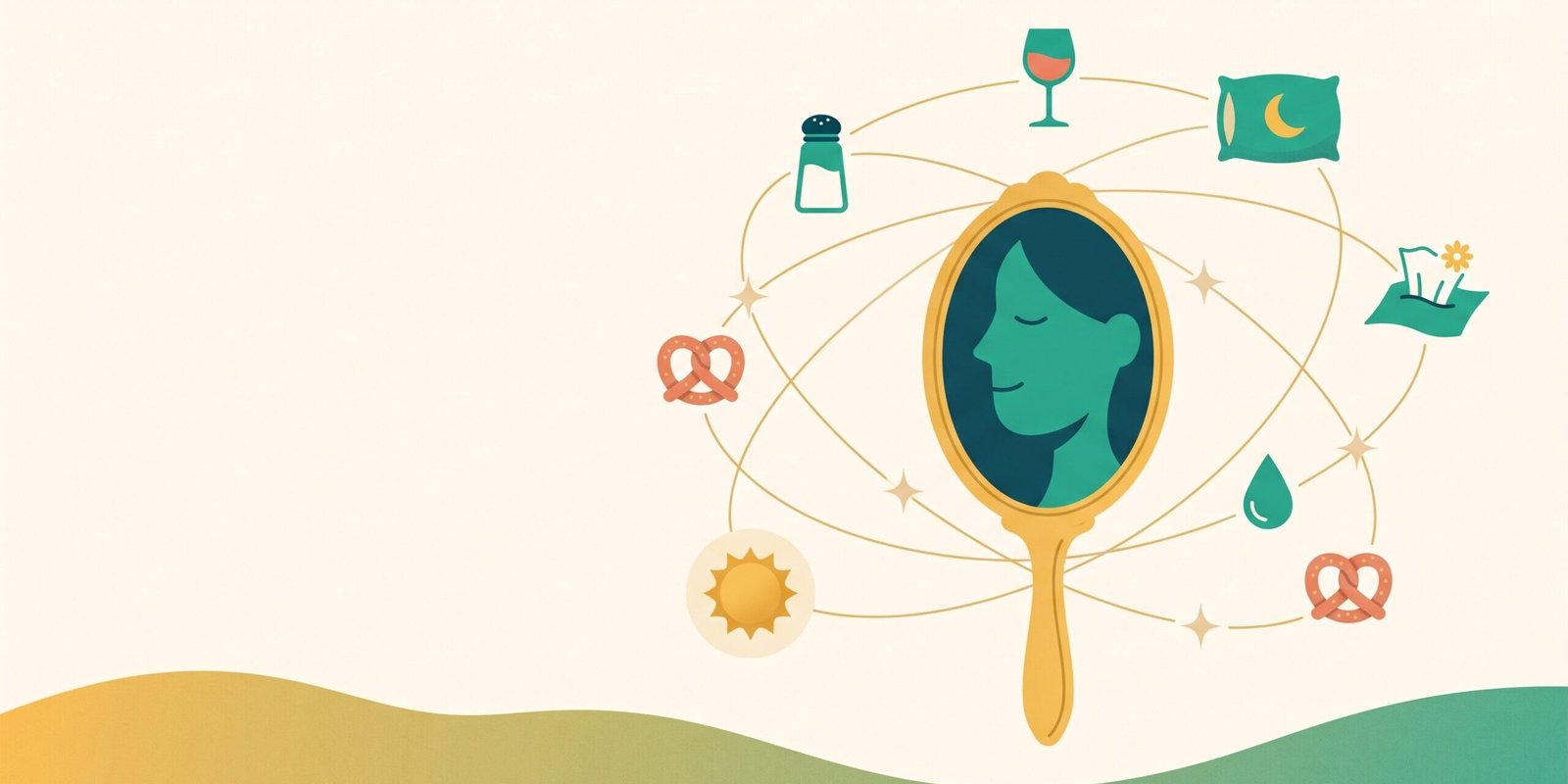 cortisol-gesicht-bauch-mythos-aufgeklaert-hero.webp Illustration: Handspiegel mit gelassenem Gesicht, umkreist von goldenen Bahnen mit Salzstreuer, Weinglas, Kissen und Taschentuch – die echten Ursachen hinter dem „Cortisol-Gesicht"