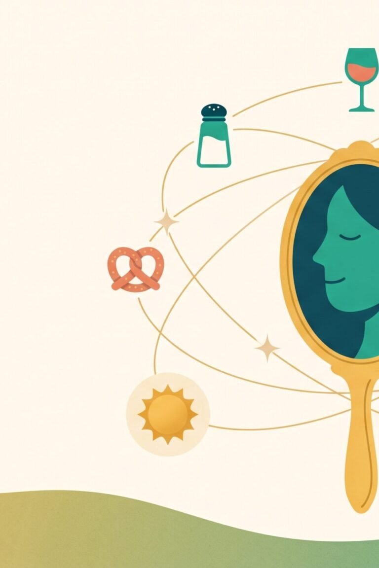 Illustration: Handspiegel mit gelassenem Gesicht, umkreist von goldenen Bahnen mit Salzstreuer, Weinglas, Kissen und Taschentuch – die echten Ursachen hinter dem „Cortisol-Gesicht"