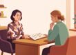 Beim Frauenarzt mit Wechseljahres-Beschwerden ernst genommen werden: Illustration einer Frau, die selbstbewusst ihre Unterlagen über den Praxistisch reicht