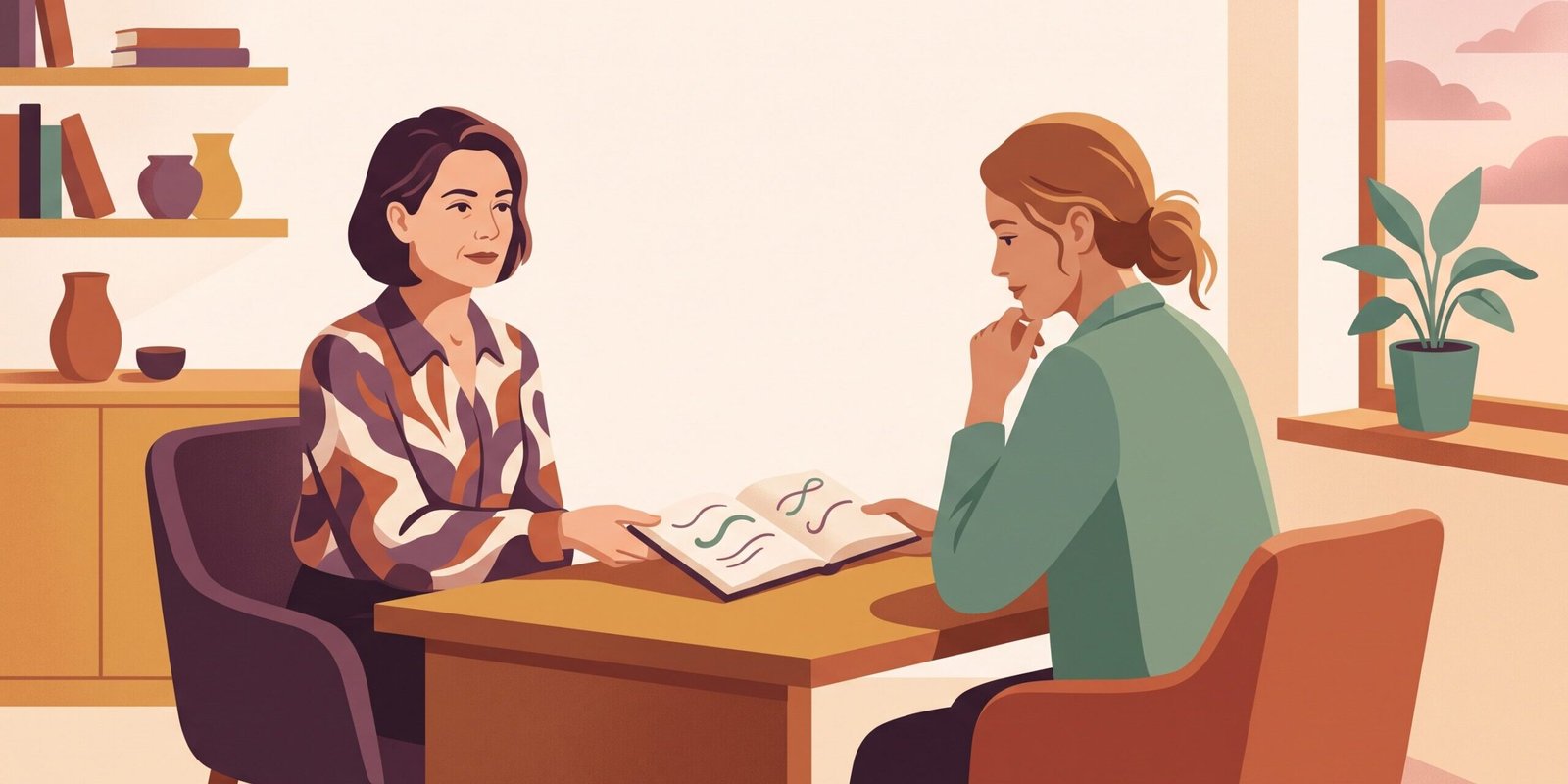 frauenarzt-wechseljahre-ernst-genommen-werden.png Beim Frauenarzt mit Wechseljahres-Beschwerden ernst genommen werden: Illustration einer Frau, die selbstbewusst ihre Unterlagen über den Praxistisch reicht