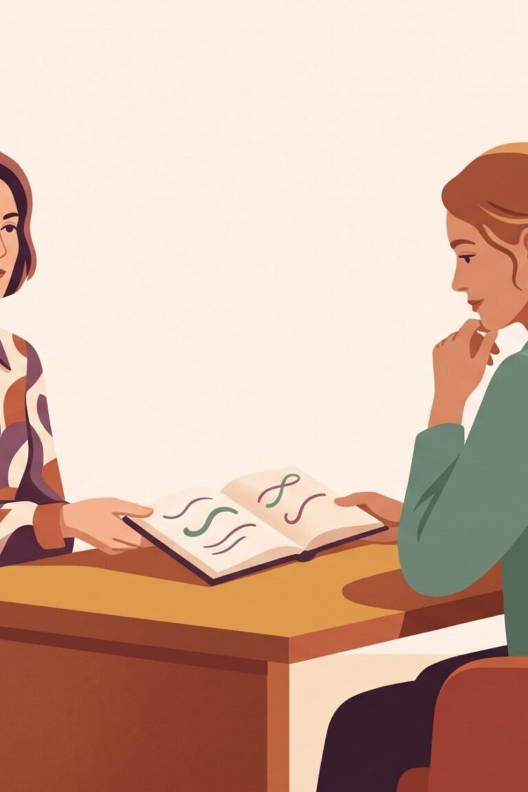 Beim Frauenarzt mit Wechseljahres-Beschwerden ernst genommen werden: Illustration einer Frau, die selbstbewusst ihre Unterlagen über den Praxistisch reicht