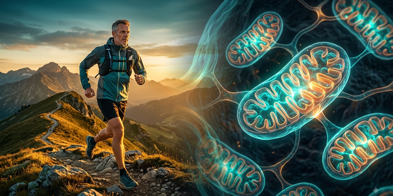mitochondrien-staerken-training-zellkraftwerke.webp Läufer bei Sonnenaufgang neben leuchtenden Mitochondrien – Symbolbild für Mitochondrien stärken durch Training