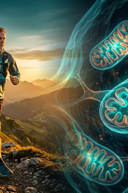 Läufer bei Sonnenaufgang neben leuchtenden Mitochondrien – Symbolbild für Mitochondrien stärken durch Training