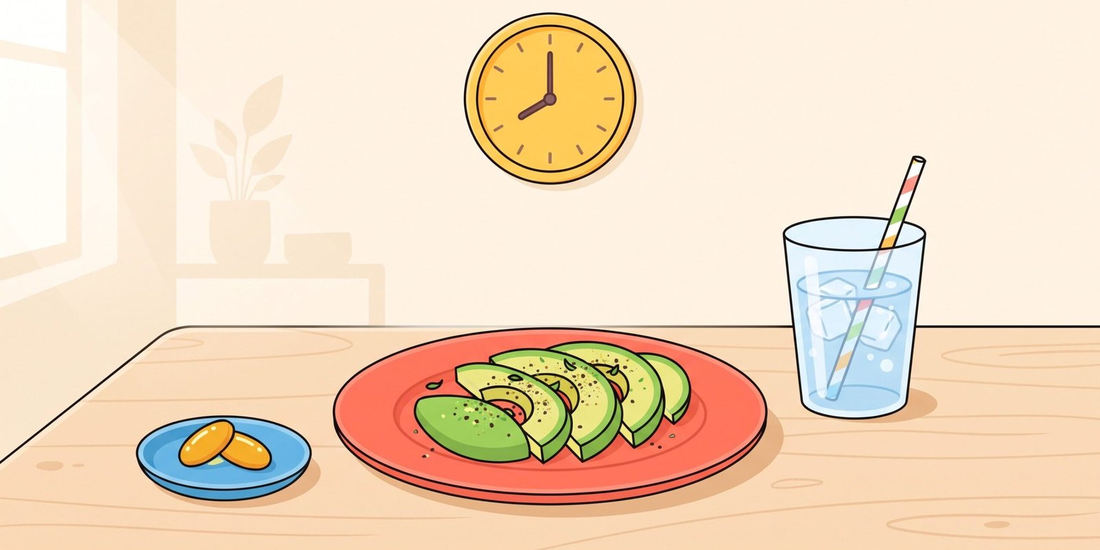 omega-3-einnahme-zeitpunkt-dosierung.webp Omega-3-Einnahme – Illustration von Kapseln neben einem Teller mit Avocado und einer freundlichen Uhr