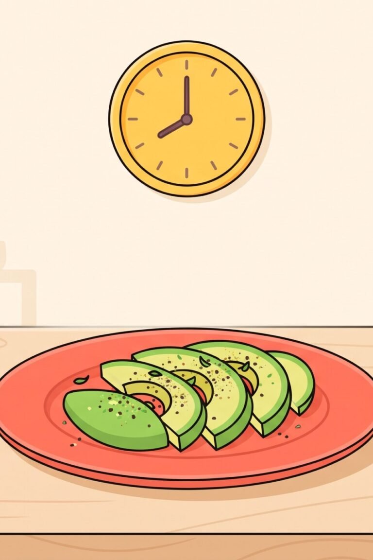 Omega-3-Einnahme – Illustration von Kapseln neben einem Teller mit Avocado und einer freundlichen Uhr