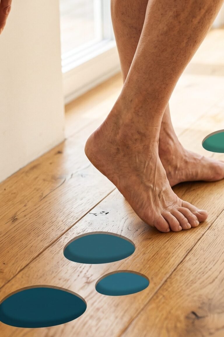 Vestibularisneuritis Übungen: Füße im Tandemstand an der Wand neben vier Trittsteinen symbolisieren den 4-Wochen-Plan der vestibulären Rehabilitation