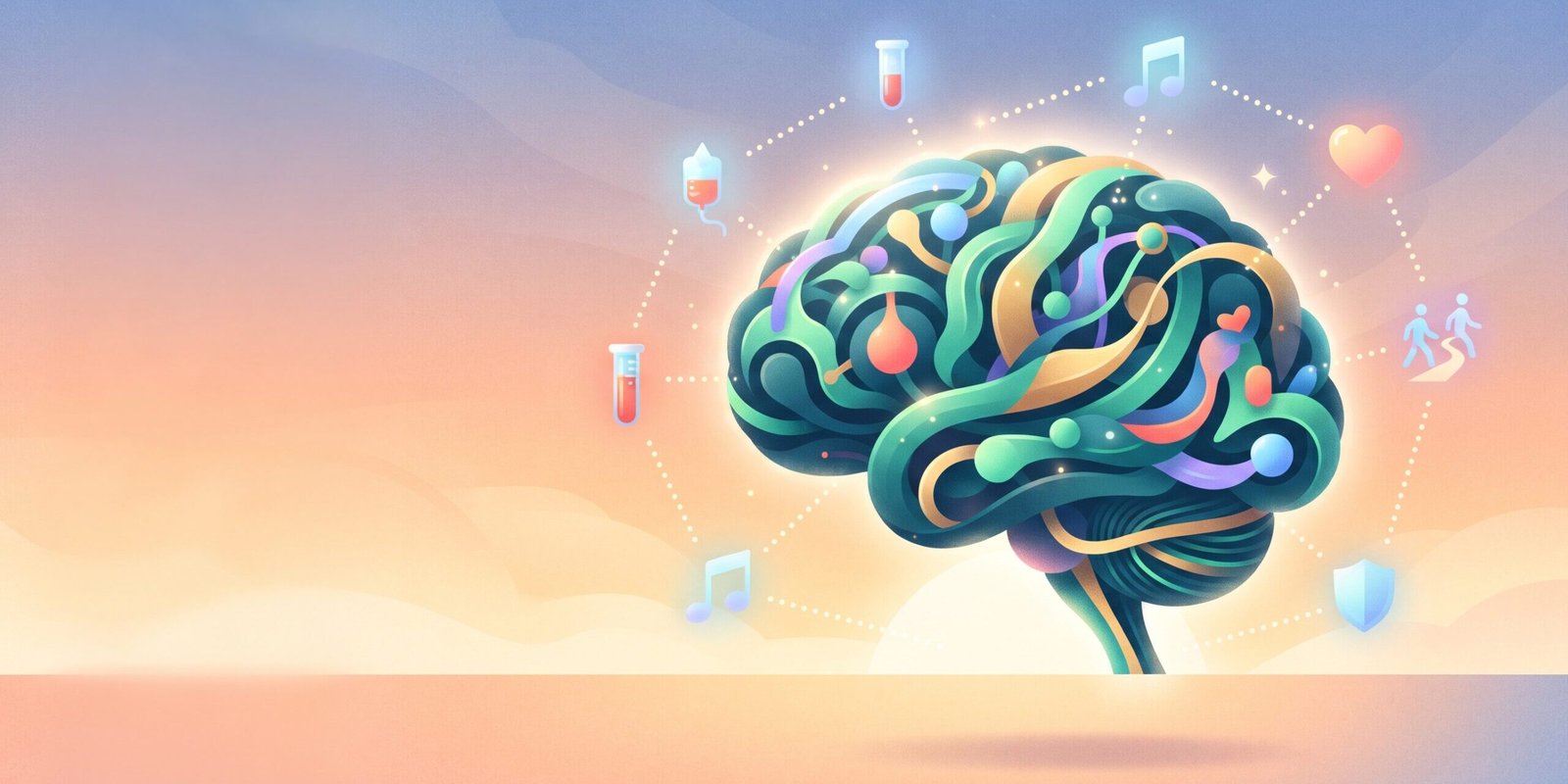 alzheimer-therapie-2026-19-studien.jpg Alzheimer Therapie 2026: farbiges Gehirn mit Symbolen für Antikörper, Bluttest, Bewegung und Musik