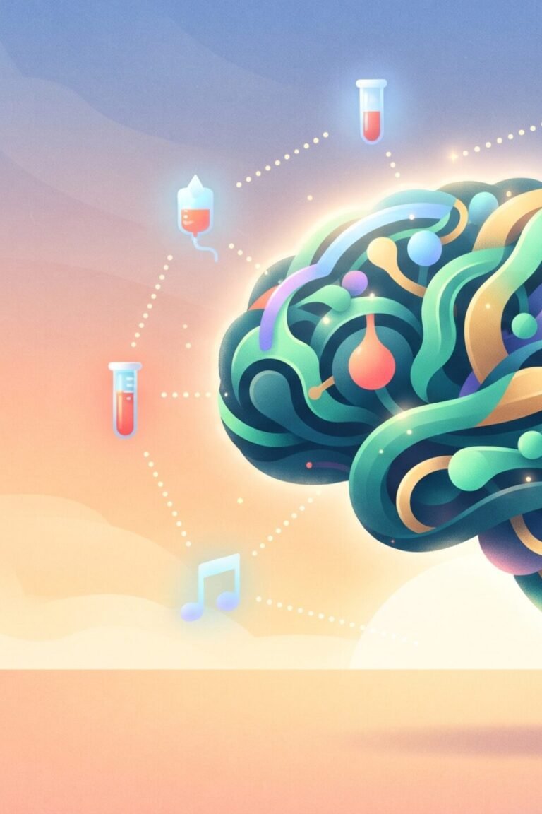 Alzheimer Therapie 2026: farbiges Gehirn mit Symbolen für Antikörper, Bluttest, Bewegung und Musik