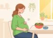 Omega-3 in der Schwangerschaft – warme Illustration einer werdenden Mutter mit gesunder Mahlzeit und Algenöl-Kapseln