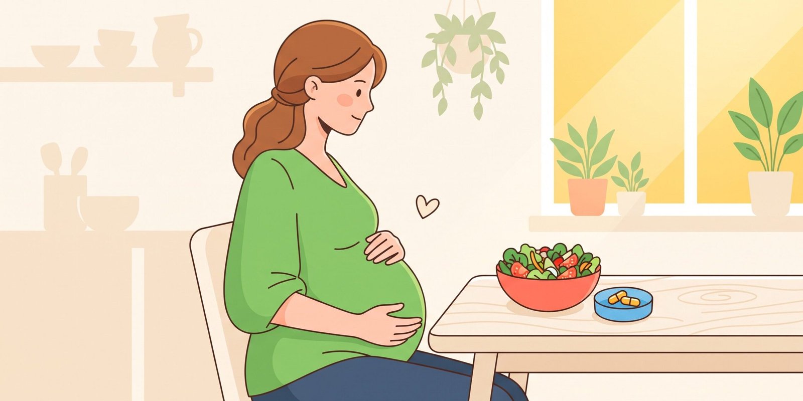 omega-3-schwangerschaft-dha.webp Omega-3 in der Schwangerschaft – warme Illustration einer werdenden Mutter mit gesunder Mahlzeit und Algenöl-Kapseln