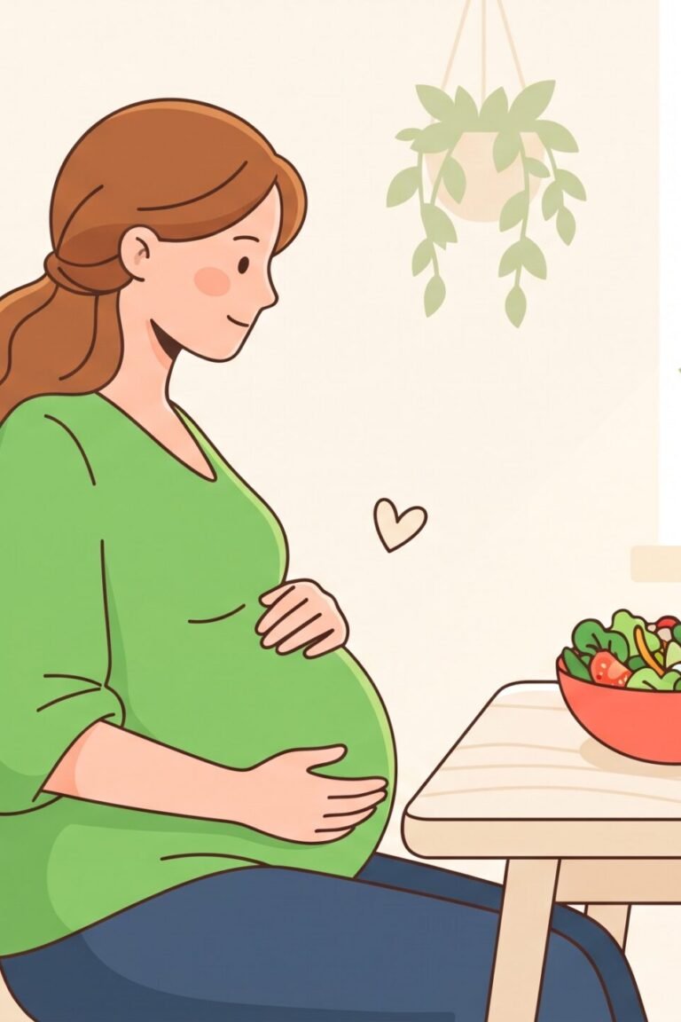 Omega-3 in der Schwangerschaft – warme Illustration einer werdenden Mutter mit gesunder Mahlzeit und Algenöl-Kapseln