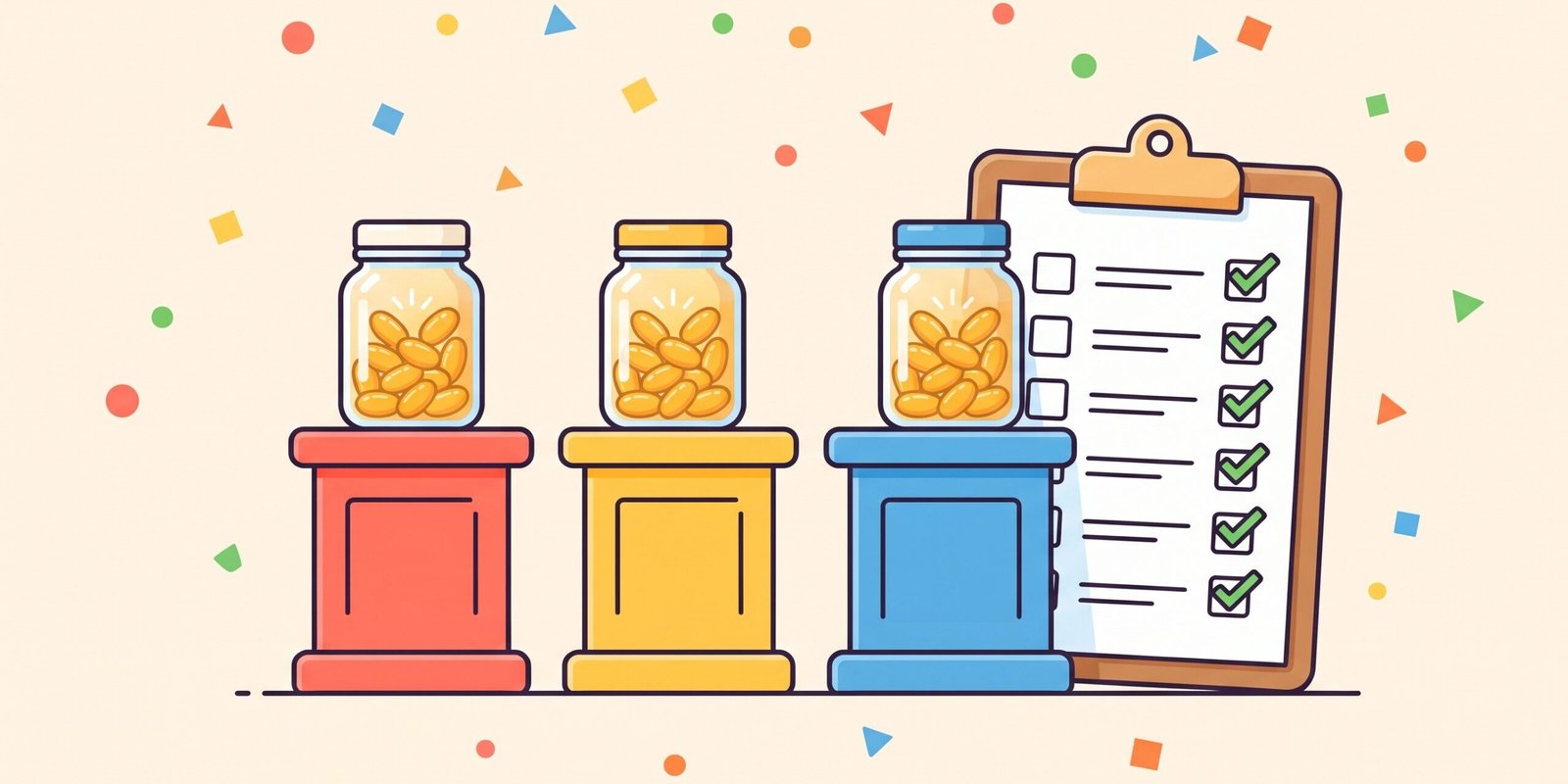 veganes-omega-3-vergleich-kriterien.webp Veganes Omega 3 im Vergleich – Illustration von drei Kapsel-Gruppen auf Podesten mit Checklisten-Symbolen