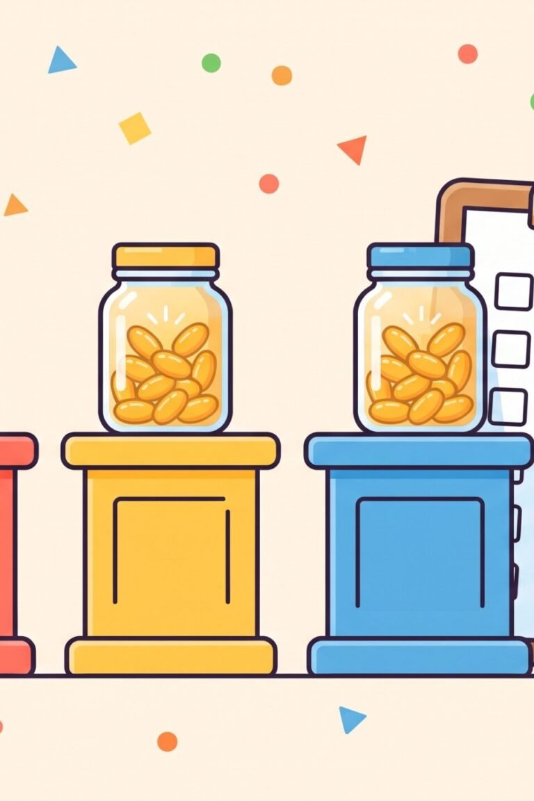 Veganes Omega 3 im Vergleich – Illustration von drei Kapsel-Gruppen auf Podesten mit Checklisten-Symbolen