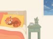 Atmendes Kuscheltier für Erwachsene: roter Plüschpanda auf einem Kissen, Illustration
