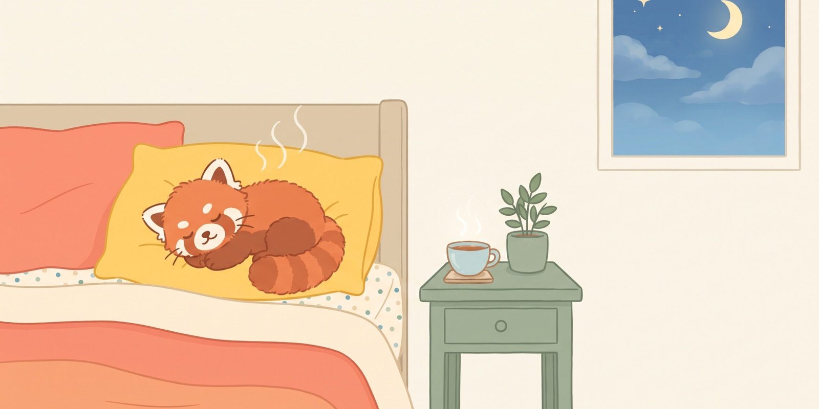 Atmendes Kuscheltier für Erwachsene: roter Plüschpanda auf einem Kissen, Illustration