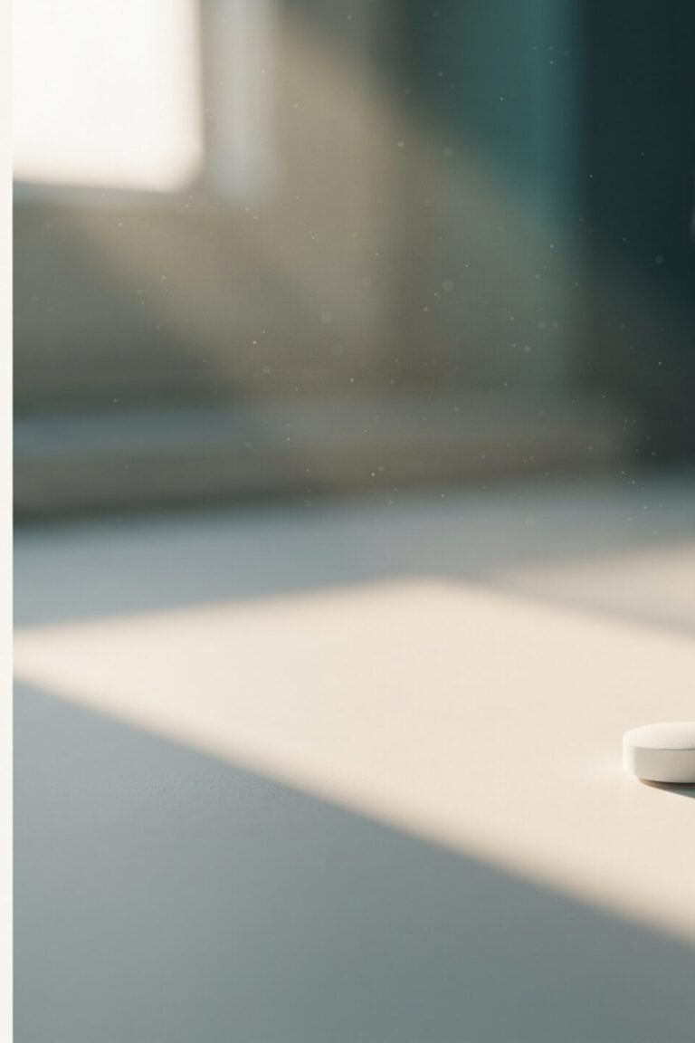 Einzelne weiße Tablette im schrägen Sonnenlicht auf hellem Untergrund