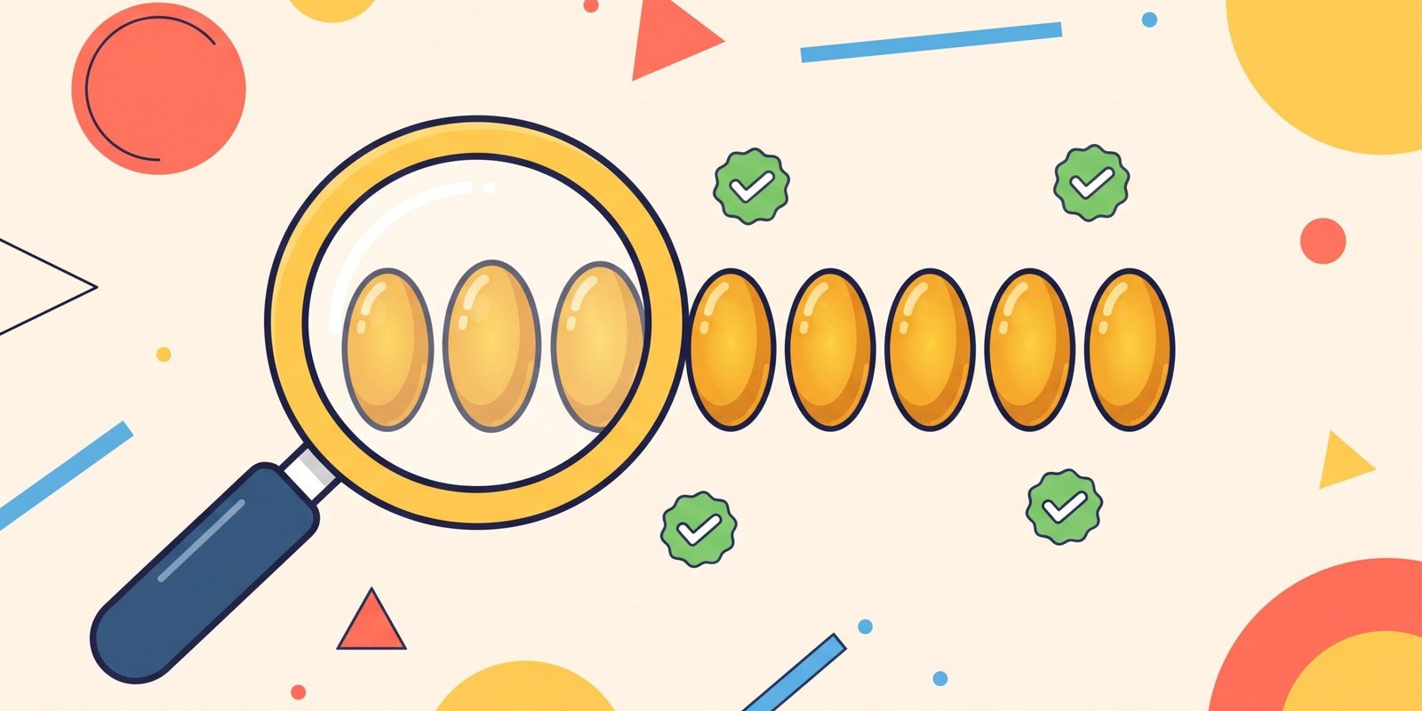 AVEA Vegan Omega 3 im Check – Illustration von Algenöl-Kapseln unter der Lupe mit Häkchen-Symbolen