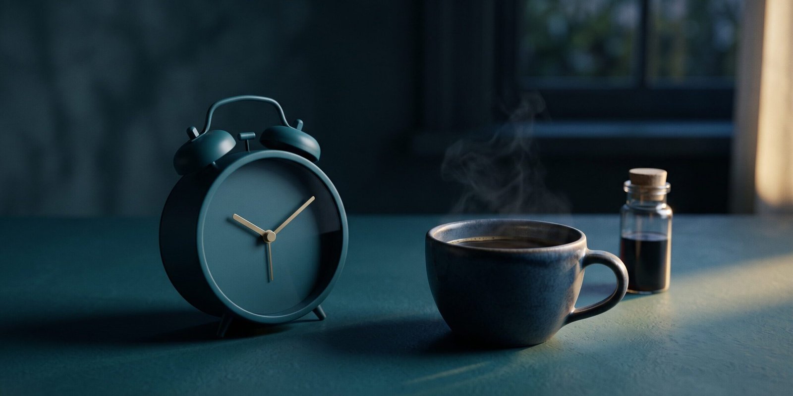 staendig-muede-blutwerte.jpg Ständig müde — Wecker, Tasse und Laborröhrchen im frühen Morgenlicht als Symbol für die Abklärung anhaltender Müdigkeit