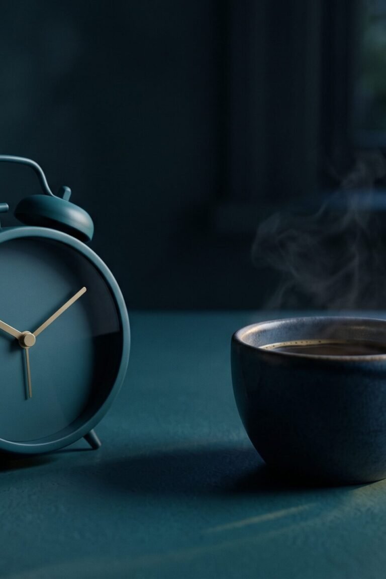 Ständig müde — Wecker, Tasse und Laborröhrchen im frühen Morgenlicht als Symbol für die Abklärung anhaltender Müdigkeit