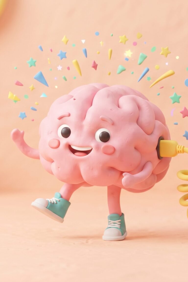 Kreatin fürs Gehirn: fröhliches 3D-Gehirn aus Knete, das mit einem bunten Ladekabel an einer vollen Batterie hängt