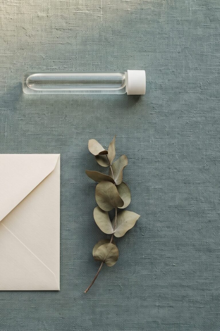 Flatlay mit neutralem Probenahme-Set auf Leinen — Symbolbild zum Bluttest für zuhause