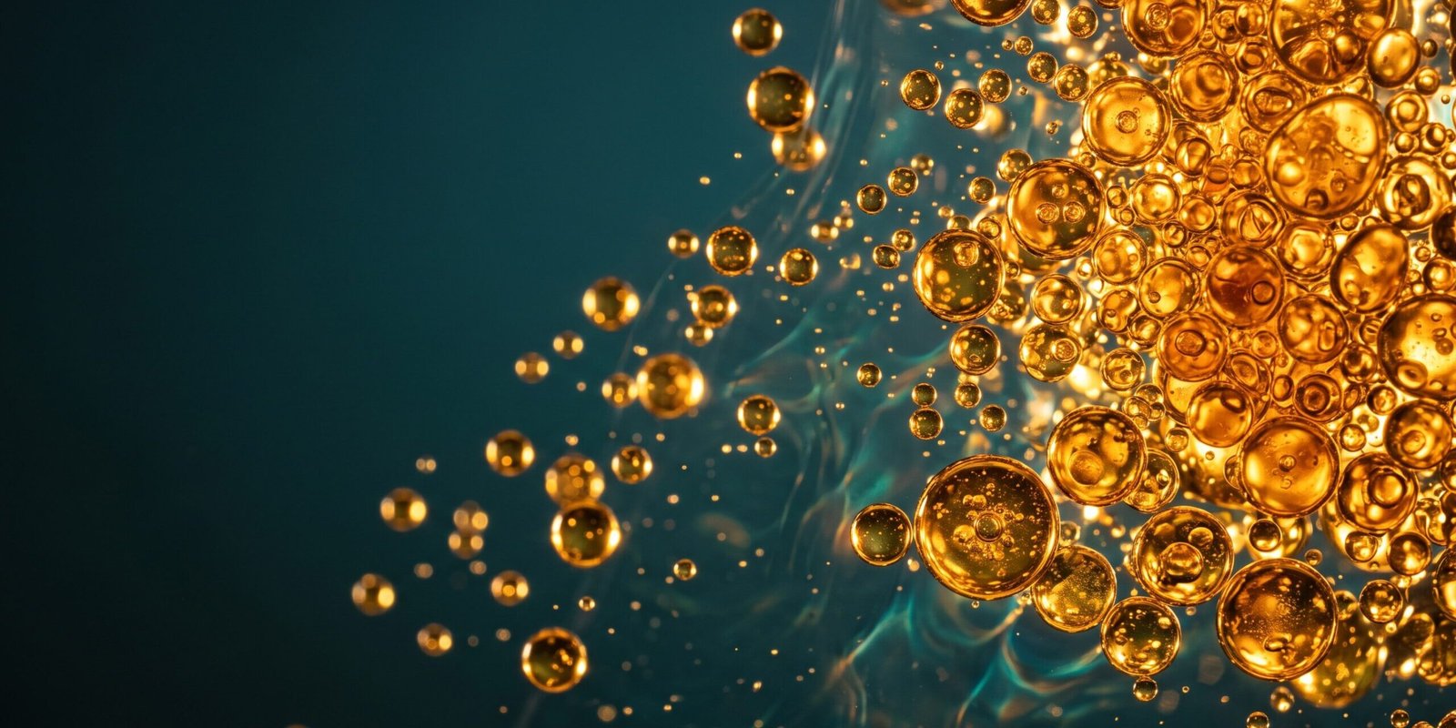 triglyceride-zu-hoch-grenzwerte.jpg Triglyceride zu hoch — goldene Fetttröpfchen im Gegenlicht, die sich von rechts nach links auflösen