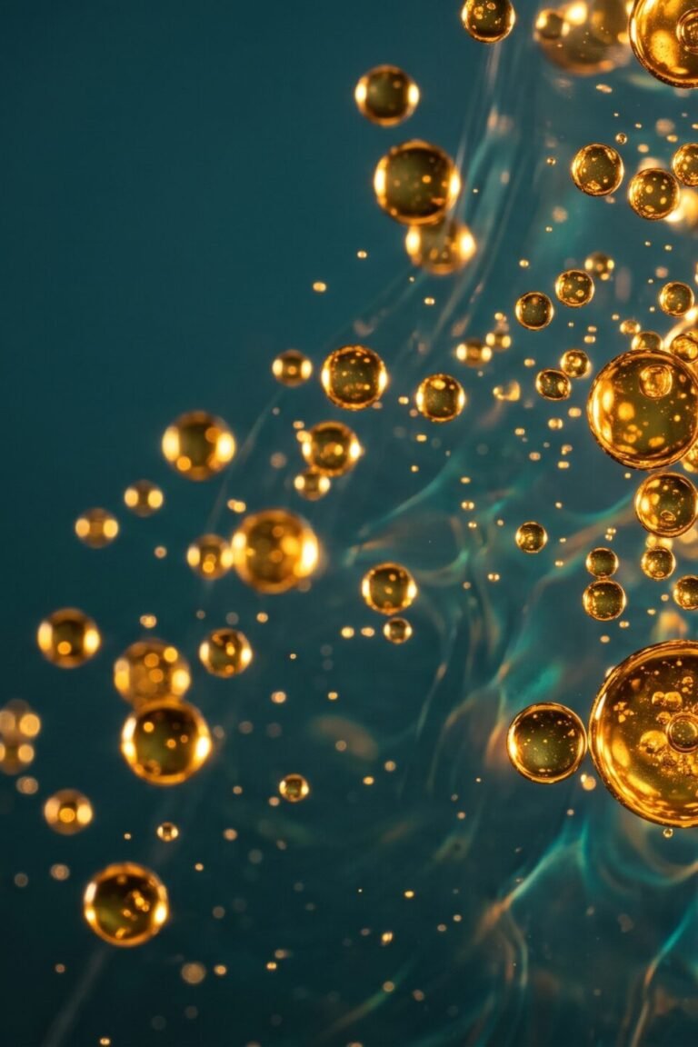 Triglyceride zu hoch — goldene Fetttröpfchen im Gegenlicht, die sich von rechts nach links auflösen