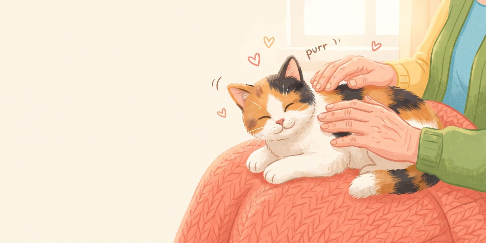 demenzkatze-roboterkatze-kriterien.jpg Hände streicheln eine Demenzkatze aus Plüsch auf dem Schoß, farbenfrohe Illustration