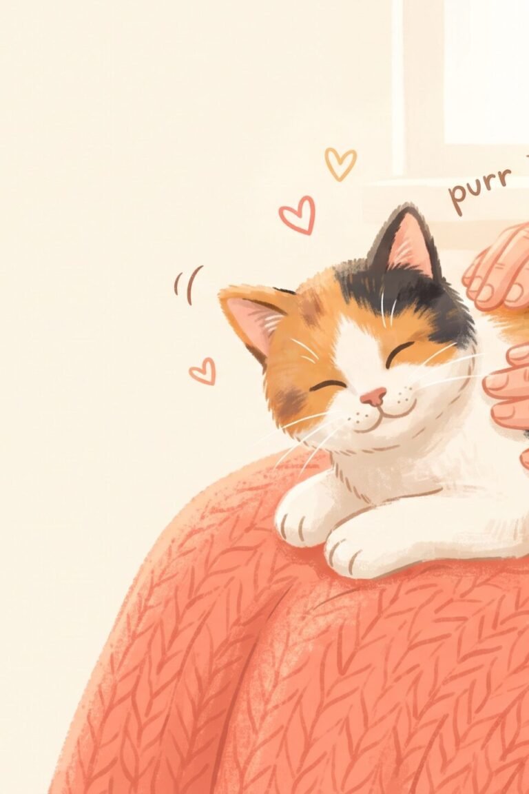 Hände streicheln eine Demenzkatze aus Plüsch auf dem Schoß, farbenfrohe Illustration