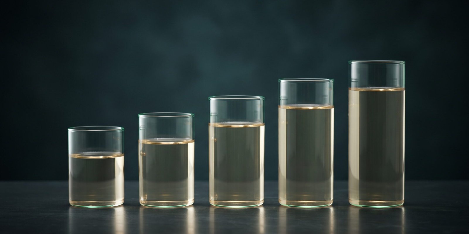 tsh-wert-tabelle-nach-alter.jpg Ansteigende Reihe von Glaszylindern mit goldener Flüssigkeit — Symbolbild zur TSH-Wert-Tabelle nach Alter