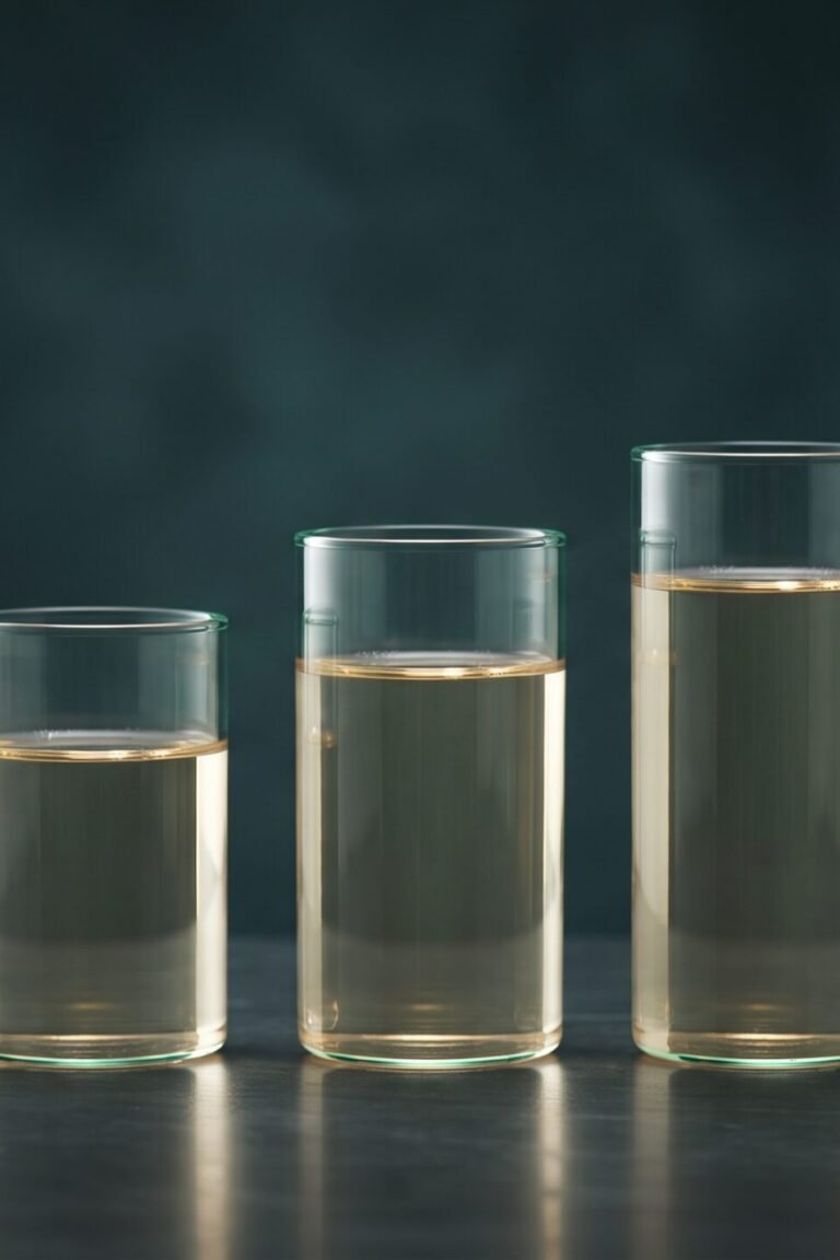 Ansteigende Reihe von Glaszylindern mit goldener Flüssigkeit — Symbolbild zur TSH-Wert-Tabelle nach Alter