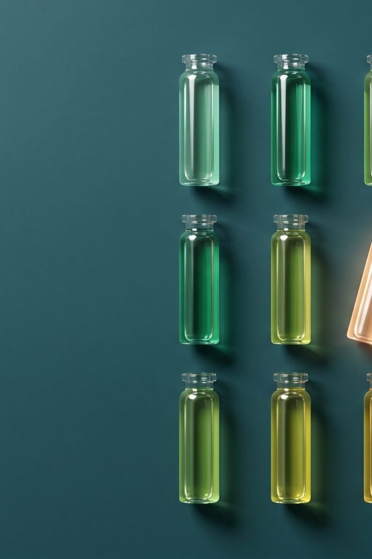 Blutwerte-Tabelle für Männer — vierzehn Laborröhrchen in geometrischer Anordnung als wissenschaftliche Illustration