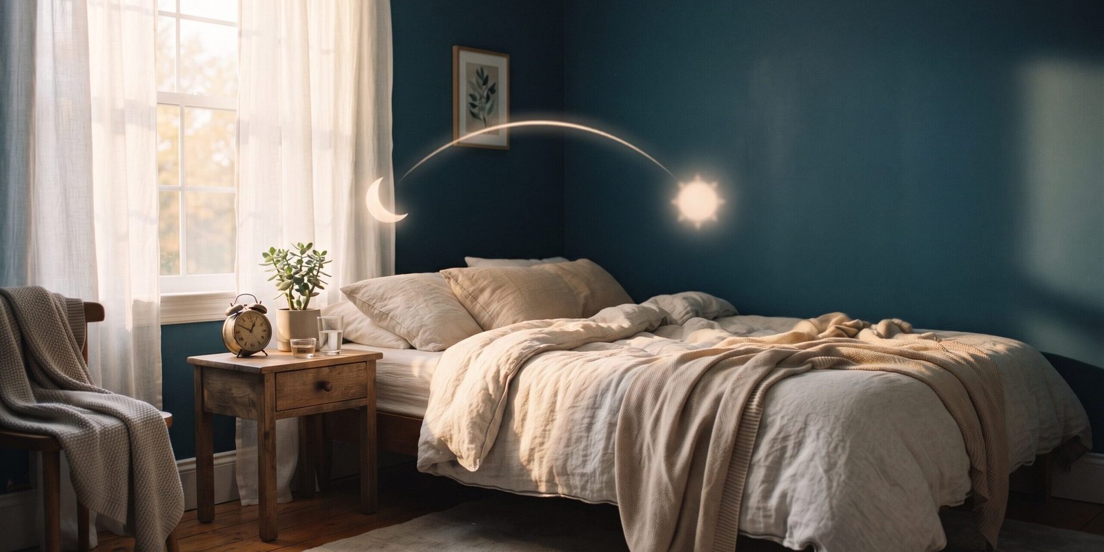 schlaf-am-wochenende-nachholen-schlafzimmer-morgenlicht.jpg Schlaf am Wochenende nachholen: Schlafzimmer im Morgenlicht mit Wecker auf dem Nachttisch