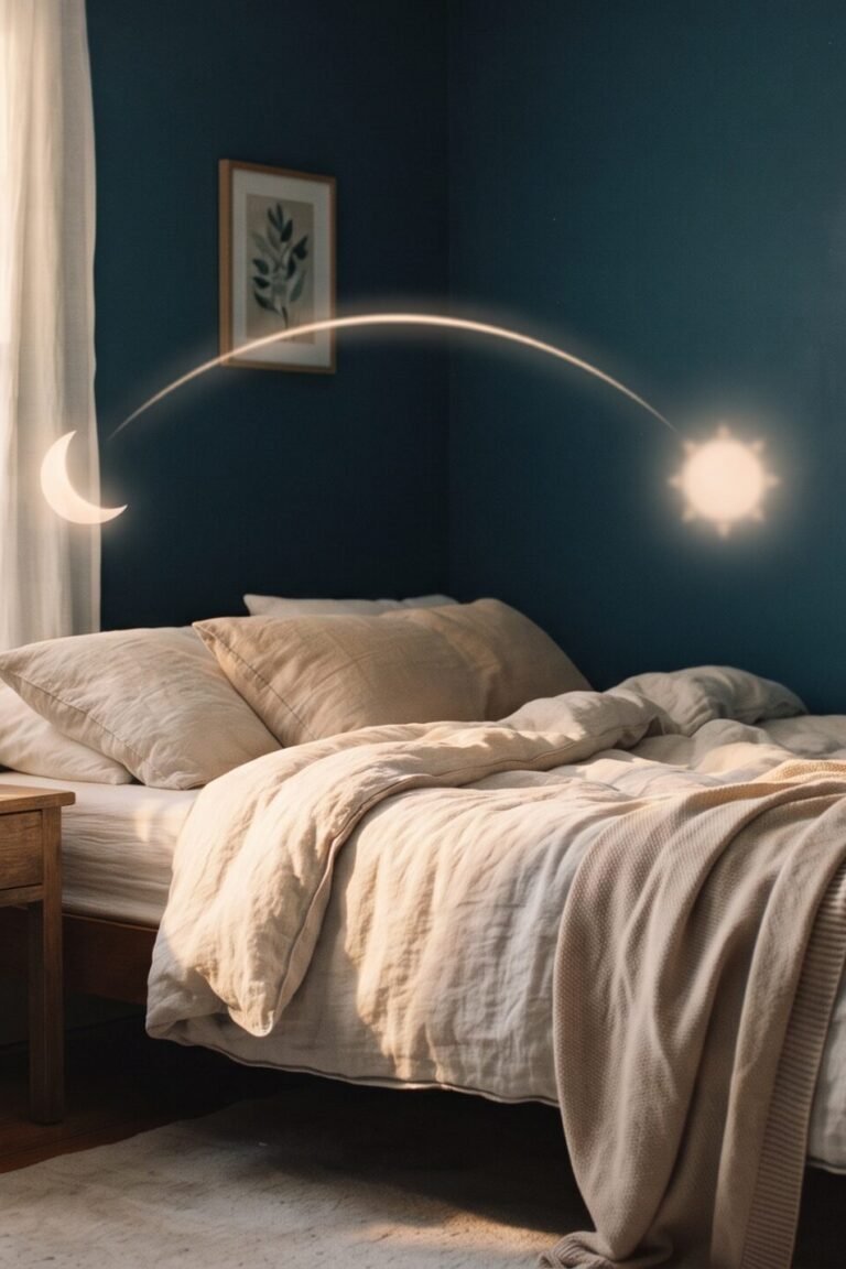 Schlaf am Wochenende nachholen: Schlafzimmer im Morgenlicht mit Wecker auf dem Nachttisch