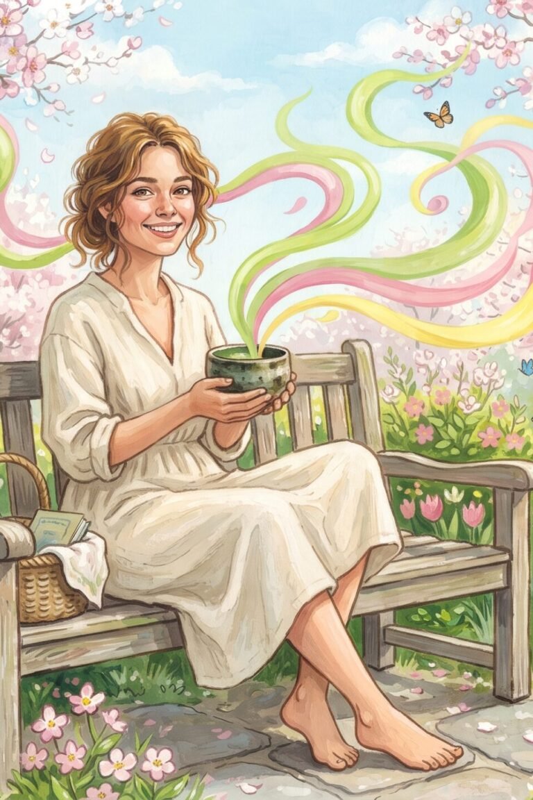 L-Theanin Wirkung: entspannte Frau mit Matcha-Tasse im blühenden Garten, umgeben von sanften, bunten Wellenlinien