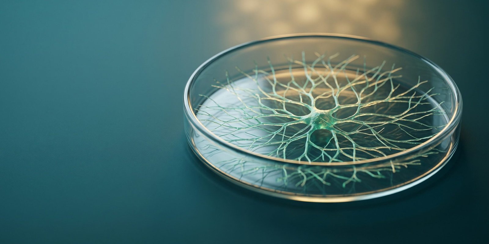 stammzelltherapie-parkinson-hero.jpg Petrischale mit fein verzweigten leuchtenden Zellstrukturen als Symbolbild für die Stammzellforschung bei Parkinson