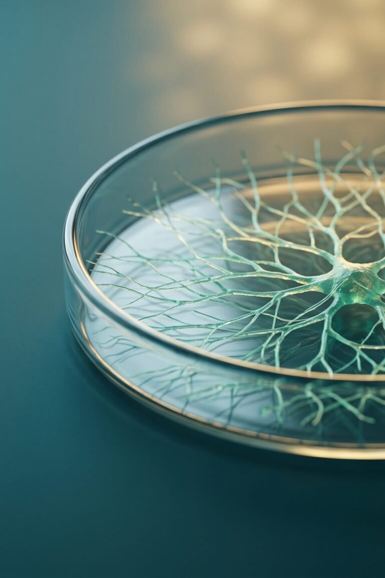 Petrischale mit fein verzweigten leuchtenden Zellstrukturen als Symbolbild für die Stammzellforschung bei Parkinson