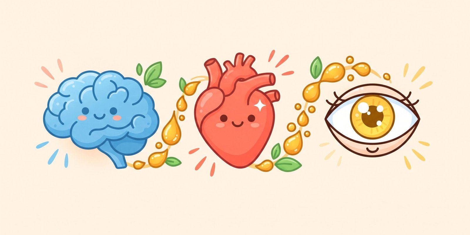 omega-3-wirkung-gehirn-herz-augen.webp Omega-3-Wirkung – Illustration von Gehirn, Herz und Auge, verbunden durch goldene Omega-3-Tropfen