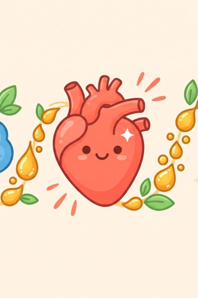 Omega-3-Wirkung – Illustration von Gehirn, Herz und Auge, verbunden durch goldene Omega-3-Tropfen