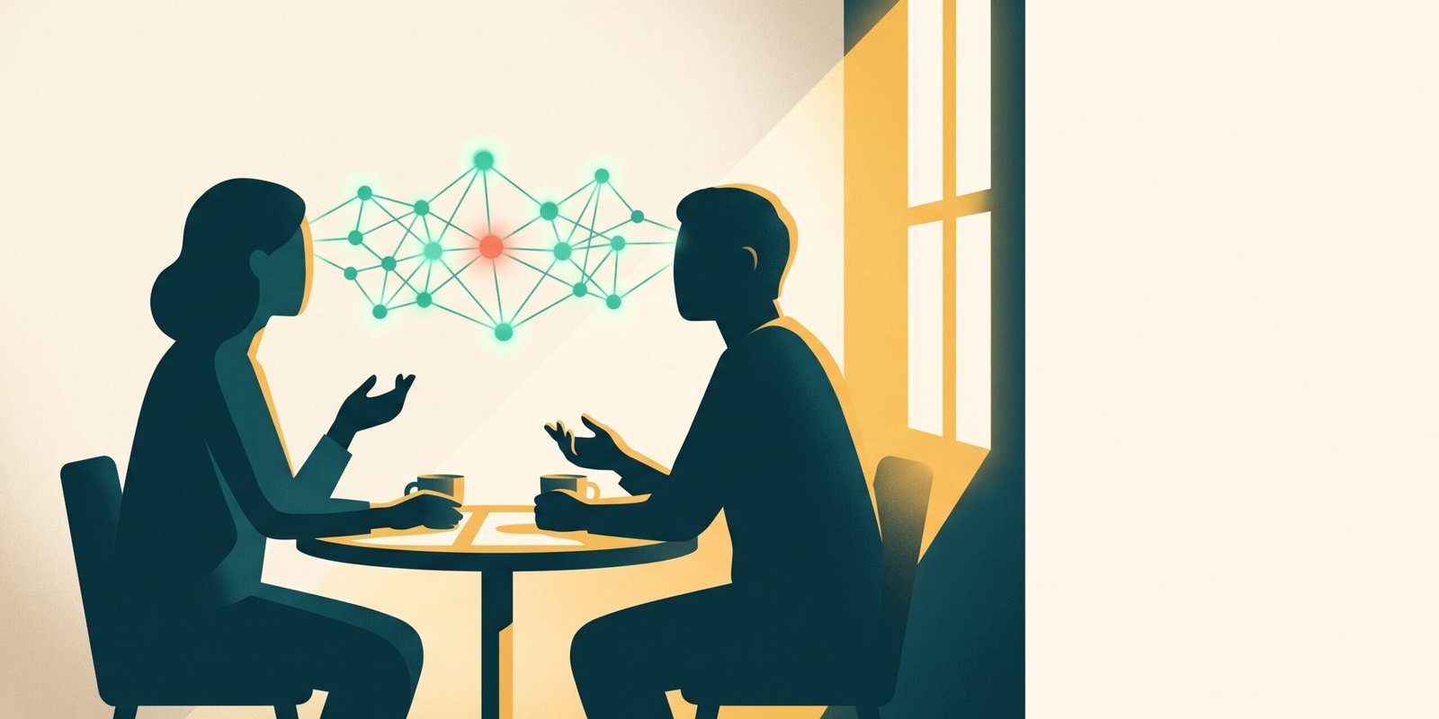 einsamkeit-demenz-gespraech-leuchtendes-netz.png Einsamkeit als Demenz-Risikofaktor: Zwei Silhouetten im Gespräch, zwischen ihren Köpfen spannt sich ein leuchtendes Jade-Netz