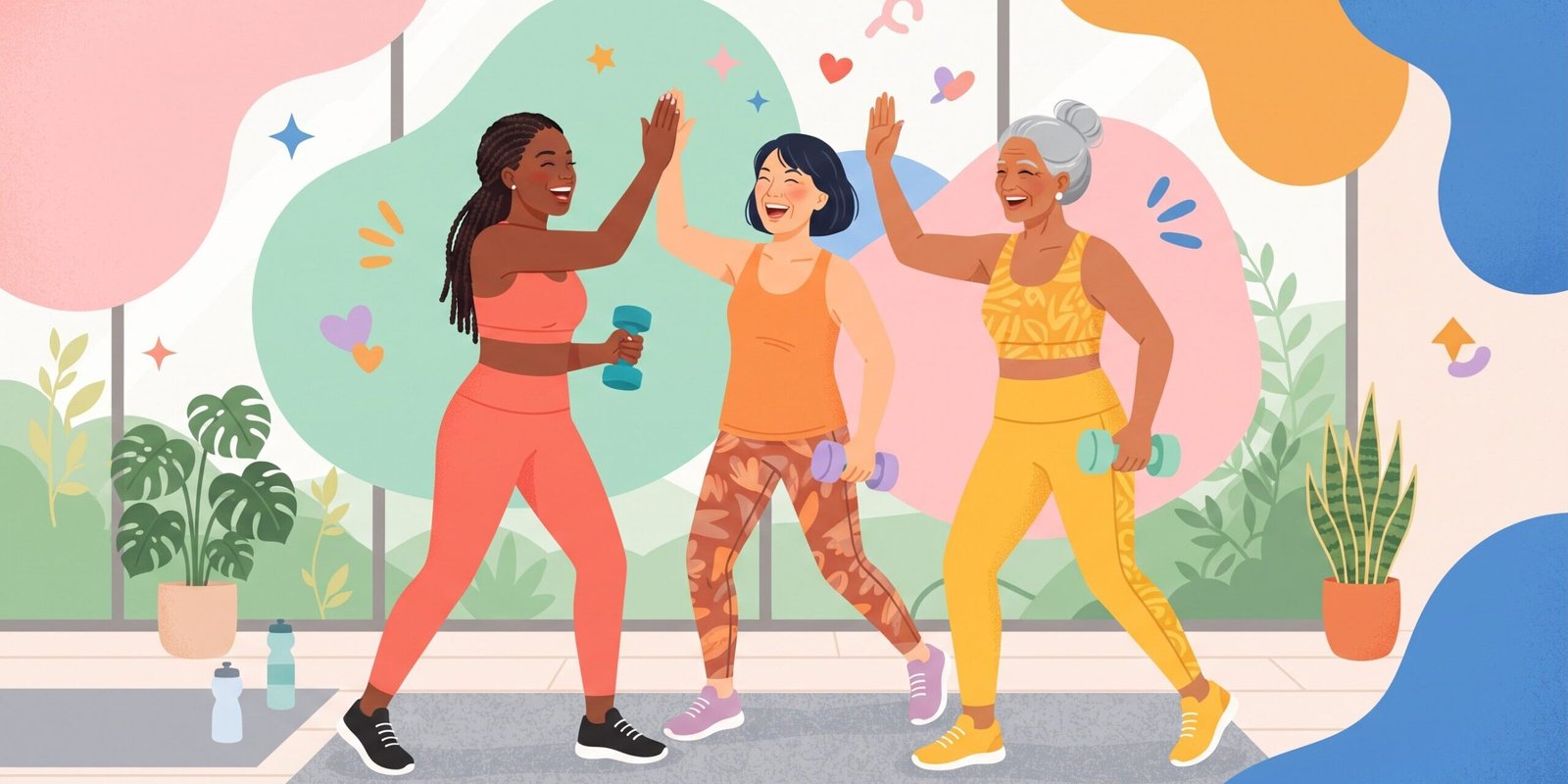 Gemini_Generated_Image_mk2cuxmk2cuxmk2c Kreatin für Frauen: drei gut gelaunte Frauen verschiedenen Alters beim Krafttraining in einem farbenfrohen Studio