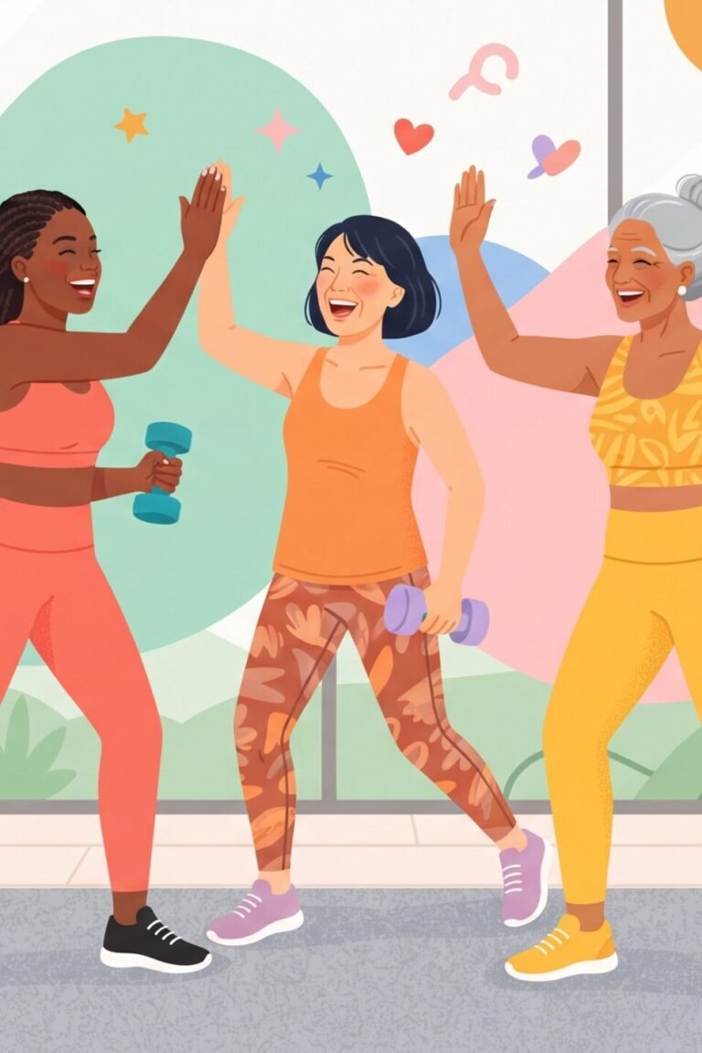 Kreatin für Frauen: drei gut gelaunte Frauen verschiedenen Alters beim Krafttraining in einem farbenfrohen Studio