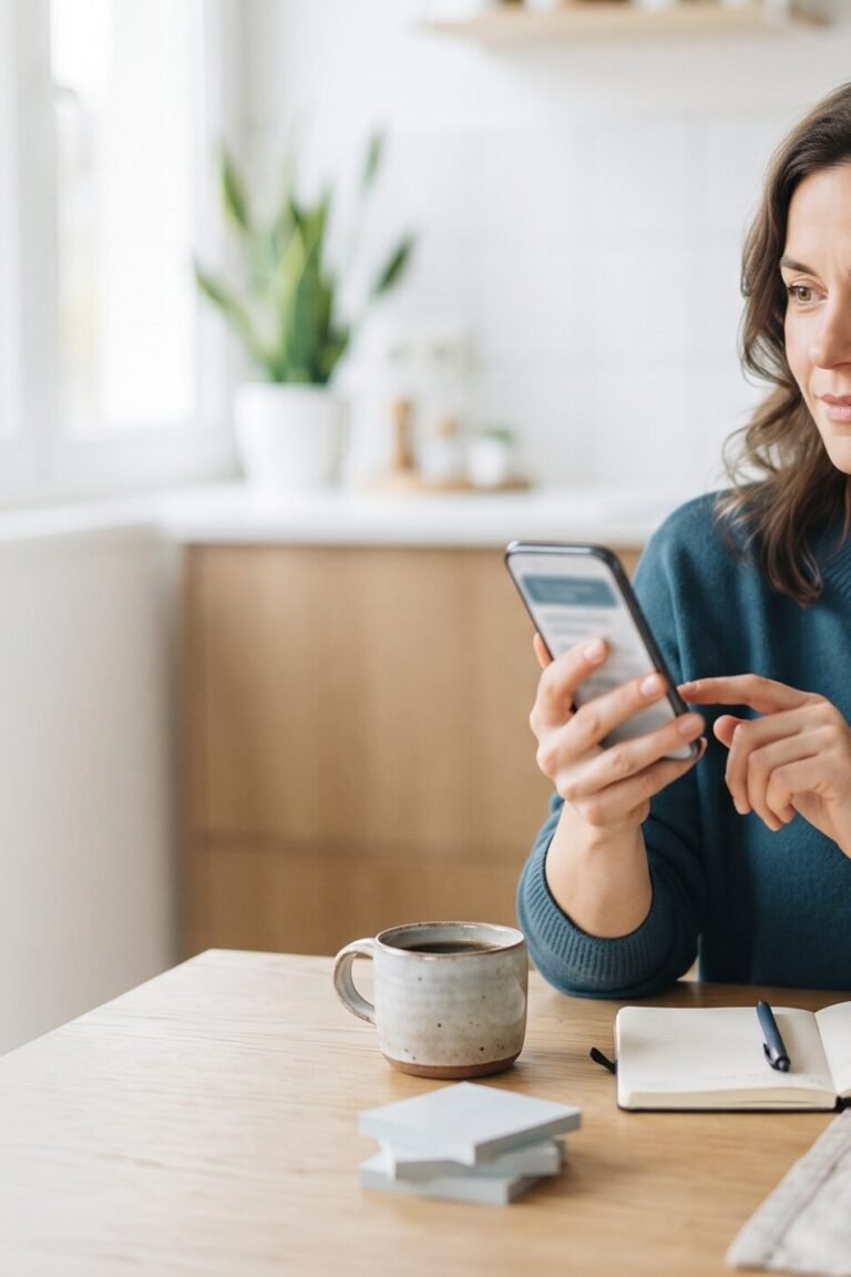 Erwachsene Person beantwortet ruhig den ADHS-Selbsttest auf dem Smartphone am Küchentisch