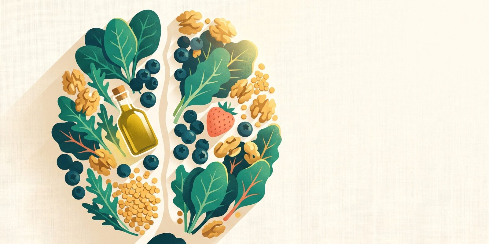 mind-diaet-lebensmittel-gehirn-flatlay.png MIND-Diät: Blattgemüse, Beeren, Nüsse und Olivenöl formen von oben gesehen die Silhouette eines Gehirns