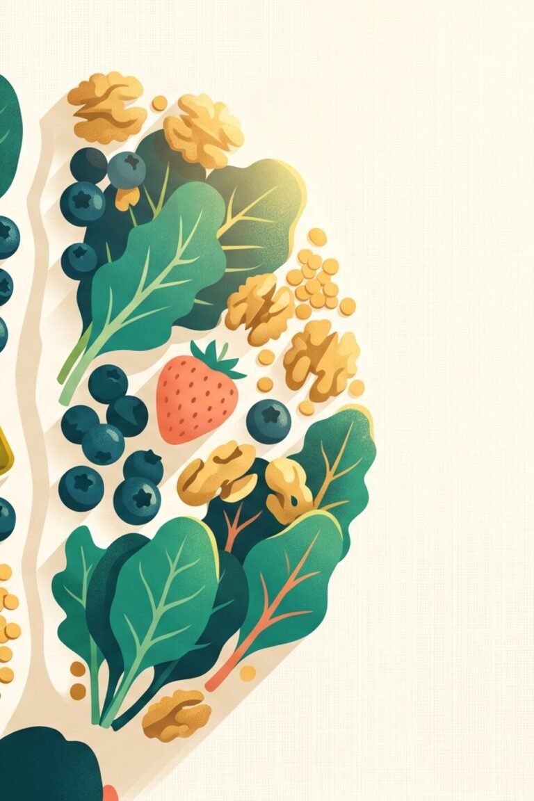 MIND-Diät: Blattgemüse, Beeren, Nüsse und Olivenöl formen von oben gesehen die Silhouette eines Gehirns