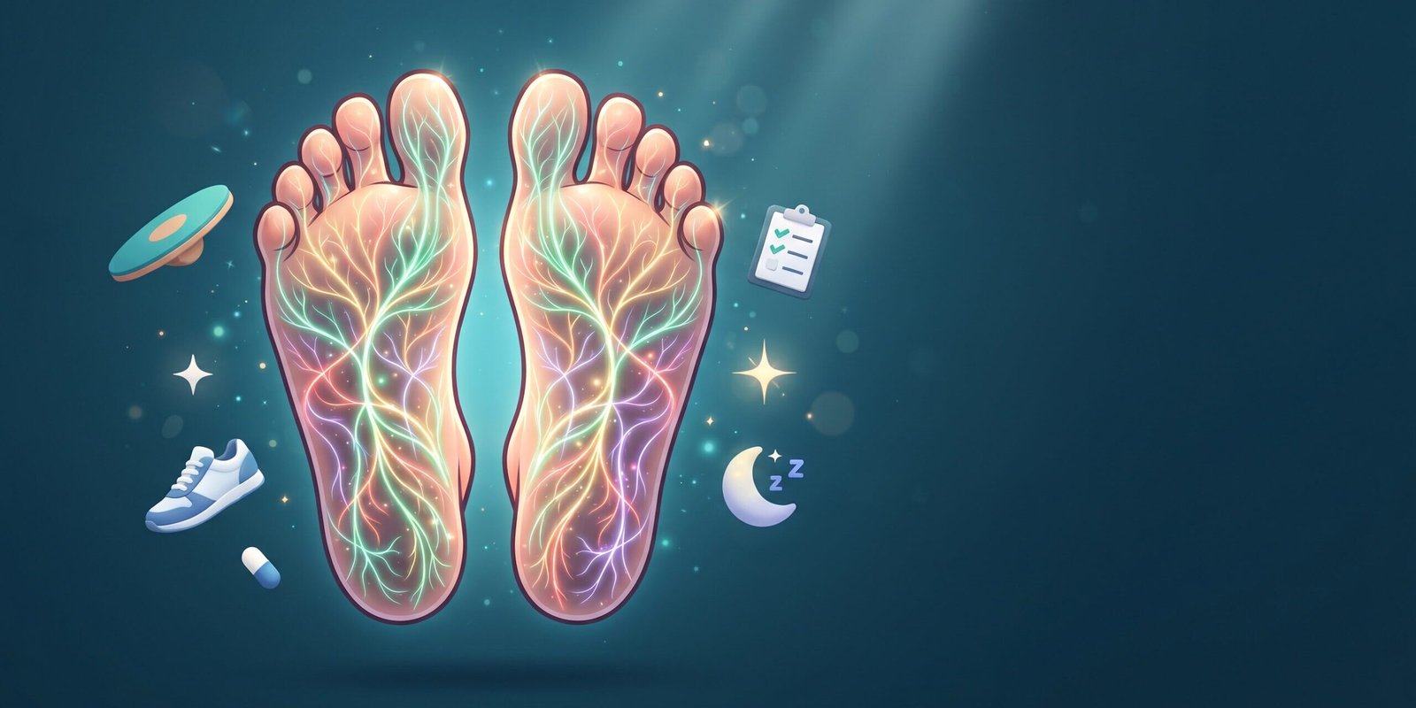 polyneuropathie-behandlung-2026-19-studien.jpg Leuchtende Nervenfasern in Füßen als Symbol für die Polyneuropathie Behandlung 2026