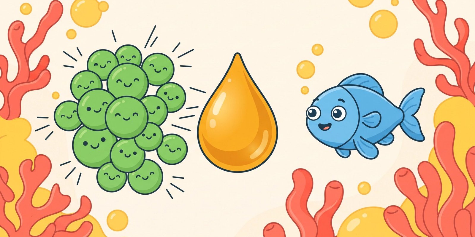 algenoel-wirkung-vergleich-fischoel.webp Algenöl Wirkung – Illustration von grünen Mikroalgen, aus denen ein goldener Öltropfen entsteht, daneben ein Fisch